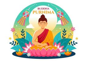 gelukkig Boeddha purnima vector illustratie van vesak dag of Indisch festival naar geestelijk met in een diep meditatie in vlak tekenfilm achtergrond