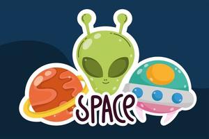 ruimte buitenaards karakter planeet en ufo cartoon sticker stijl vector