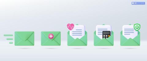 3d groen mail envelop icoon reeks symbool. geven e-mail ziekenhuis, schild, garantie Gezondheid controleren, hartslag icoon. Gezondheid verzekering concept. 3d vector geïsoleerd illustratie, tekenfilm pastel minimaal stijl.