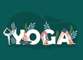 yoga inscriptie en mensen vector