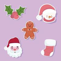 vrolijk kerstfeest pictogrammen instellen santa sneeuwpop gezichten peperkoek man en sok vector