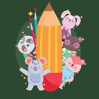 terug naar school dieren tekenfilms met potlood vector design