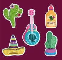 mexico cultuur traditionele icon set gitaar cactus hoed en tequila vector