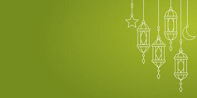 groen Islamitisch achtergrond, vector lijn icoon van lantaarn, maan en sterren. vrij kopiëren ruimte Oppervlakte. ontwerp voor spandoeken, groet kaarten, affiches, sociaal media voor Islamitisch vakantie.