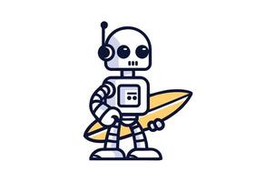 schattig robot brengen een surfboard voor surfing tekenfilm vector icoon illustratie. wetenschap voedsel icoon concept geïsoleerd premie vector. vlak tekenfilm stijl