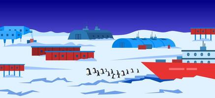 tekenfilm kleur antarctisch polair station en landschap tafereel concept. vector