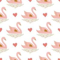 roze zwaan en hart naadloos patroon voor valentijnsdag dag viering, bruiloft. vector romantisch herhaling achtergrond, behang lief textiel ontwerp afdrukken, inpakken papier, kleding stof hand- getrokken vogelstand illustratie