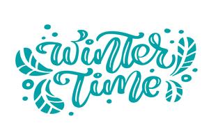 Wintertijd blauwe kerst vintage kalligrafie belettering vector tekst met Scandinavische decor wintertekening. Voor kunstontwerp, mockup-brochurestijl, banner-ideedekking, flyer voor boekjesafdrukken, poster