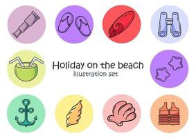 set handgetekende pictogrammen over vakantie op het strand vector