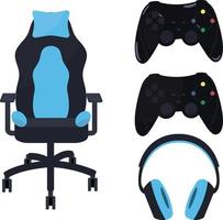 set game-apparatuur zoals controller of joystick, headset of koptelefoon en gamestoel. getekend in blauw en zwart, minimalistische stijl. vector