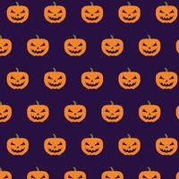 achtergrondpatroon voor halloween seizoen. paarse achtergrond en pompoen van feloranje kleur in het horizontale patroon van de rijbaksteen. vector