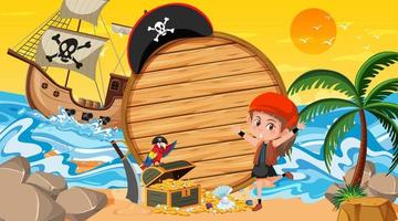 lege bannermalplaatje met piraatmeisje bij de scène van de strandzonsondergang vector