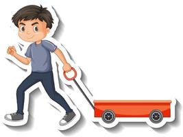 jongen trekken wagen stripfiguur sticker vector