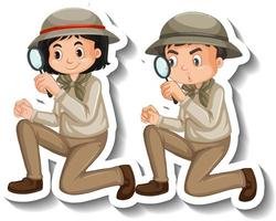 paar kinderen dragen safari-outfit stripfiguursticker vector