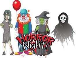 horror nacht tekstontwerp met halloween spookkarakters vector