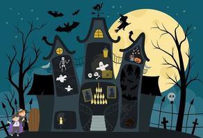 vector spookhuis interieur illustratie. Halloween-achtergrond. spookachtige huisjesscène met grote maan, spoken, vleermuizen, kinderen op donkerblauwe achtergrond. enge samhain-feestuitnodiging of kaartontwerp.