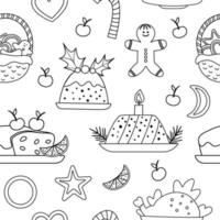 vector zwart-wit naadloze patroon met traditionele kerst desserts en gerechten. leuke grappige lijn herhalende achtergrond nieuwjaarsmaaltijd. digitaal papier met wintervoedsel.