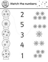 kerst zwart-wit matching game met sneeuwbollen en sneeuwvlokken. winter wiskunde activiteit voor kleuters. educatief nieuwjaar afdrukbaar werkblad of kleurplaat vector