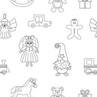 schattig zwart-wit naadloos patroon met kerstspeelgoed. vector lijn achtergrond met nieuwjaarscadeaus voor kinderen. digitaal papier met kerstmancadeaus voor kinderen.