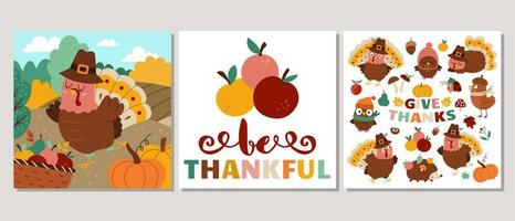 leuke set vierkante thanksgiving-kaarten met kalkoen, bosdieren, oogst. vector herfstvakantie print sjablonen met schattige landelijke scène. herfstontwerp voor tags, ansichtkaarten, uitnodigingen, advertenties