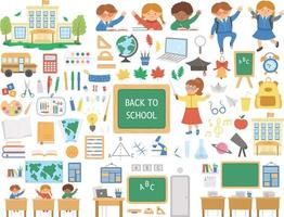 grote terug naar school vector set elementen. gigantische educatieve clipart-collectie. schattige klaslokaalobjecten in vlakke stijl met schoolgebouw, bus, onderwerppictogrammen, briefpapier, leraar, klaslokaal, leerlingen