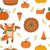 vector thanksgiving naadloze patroon met traditionele pompoentaart. herfst herhaal achtergrond met dessert, koks en ober. leuk grappig digitaal papier met herfstvakantiemaaltijd, vos en pelgrimvrouw.