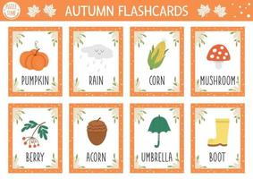 vector herfst flash kaarten set. Engelstalig spel met schattige pompoen, paddestoel, paraplu, eikel voor kinderen. herfst seizoen flashcards. eenvoudig educatief afdrukbaar werkblad.