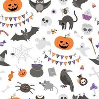 vector naadloos patroon met halloween-elementen. traditionele samhain partij achtergrond. eng digitaal papier met jack-o-lantern, spin, spook, schedel, vleermuizen, heks, vampier.