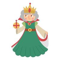 sprookje koningin met orb geïsoleerd op een witte achtergrond. vector fantasie monarch in kroon en mantel. middeleeuws sprookjesprins karakter. cartoon magisch soeverein pictogram