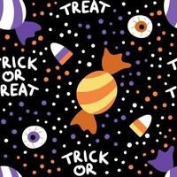 vector naadloos patroon met snoep voor trick or treat-spel. traditionele halloween-feestvoedselachtergrond. digitaal papier met eng gestreept paars en oranje snoep.