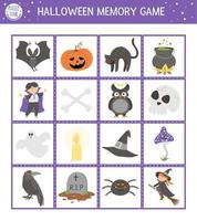 halloween-geheugenspelkaarten met traditionele vakantiesymbolen. bijpassende activiteit met grappige karakters. onthoud en vind de juiste afbeeldingskaart. eenvoudig herfst afdrukbaar werkblad voor kinderen. vector