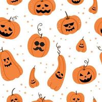 vector naadloos patroon met jack-o-lanterns. halloween-feestachtergrond met grappige pompoenlantaarns. eng digitaal papier voor herfst Samhain-feest. Allerheiligen textuur.