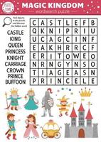 vector sprookjesachtige woordzoeker puzzel voor kinderen. eenvoudig magisch koninkrijk kruiswoordraadsel met fantasiewezens voor kinderen. activiteit met ridder, kasteel, prinses, koning, prins, kroon. sprookje kruiswoordraadsel
