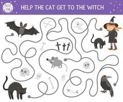 halloween doolhof voor kinderen. herfst voorschoolse afdrukbare educatieve activiteit. grappige dag van het dode spel of puzzel met zwarte kitten, vleermuis, muis. help de kat om bij de heks te komen vector