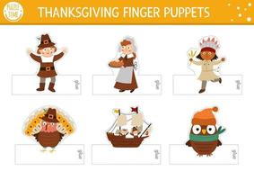 vector thanksgiving vingerpoppetjes set. schattige papieren pop kalkoen, pelgrim, Indiaanse Indiaan, uil voor kinderen. herfst herfstvakantie uitgesneden ambachtelijke kaarten. eenvoudig educatief afdrukbaar spel.