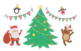 leuke kersttafereel met de kerstman, herten, sparrenvogels en driehoeksvlaggen. winterillustratie met dieren. grappig kaartontwerp. nieuwjaarsafdruk met lachende karakters vector