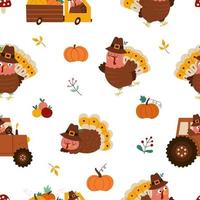 vector thanksgiving elementen naadloos patroon. herfst herhaal achtergrond met schattige kalkoen, oogst, pompoenen. herfstvakantie digitaal papier met grappige traditionele vogel