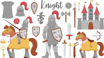 sprookje ridder armor collectie. grote vector set fantasie gepantserde krijger en kasteel. sprookjesachtig soldatenpakket met zwaard, schild, paard, kroon, maliënkolder. cartoon pictogrammen met middeleeuws wapen.