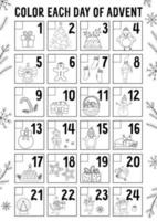 vector zwart-wit kerst adventskalender met traditionele vakantie symbolen. leuke winterplanner voor kinderen. feestelijke poster of kleurplaatontwerp met de kerstman, dennenboom, hert, cadeau