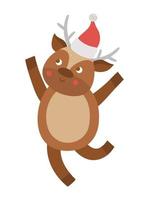vector herten in rode hoed. schattige winter dieren illustratie. grappig kerstkaartontwerp. nieuwjaarsafdruk met lachend karakter