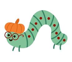 vector hand getekend plat kruipende groene rups in pompoen hoed en bril. grappig bosinsect icoon. leuke boekenwurmillustratie. herfst of thanksgiving day bug