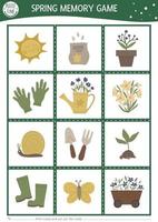 vector lentetuin geheugenkaarten met schattige tools, babyplanten. boerderij matching activiteit. onthoud en vind de juiste kaart. eenvoudig afdrukbaar werkblad voor kinderen met bloemen