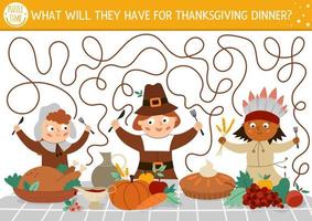 thanksgiving day doolhof voor kinderen. herfstvakantie voorschoolse afdrukbare activiteit. val labyrintspel of puzzel met eerste amerikanen, inheemse indiaan, feestelijk eten voor de feestdagen. wat gaan ze eten? vector