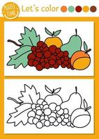 tuin kleurplaat voor kinderen met fruit. herfst overzicht vectorillustratie met oogst. kleurboek voor kinderen met gekleurd voorbeeld. afdrukbaar werkblad tekenvaardigheden vector