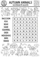 vector zwart-wit val woordzoeker puzzel voor kinderen. eenvoudig overzichtskruiswoordraadsel met herfstbosdieren voor kinderen. regel educatieve zoekwoordactiviteit met schattige boskarakters