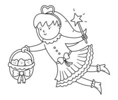 zwart-wit vliegende tandenfee vector pictogram. kawaii schets fantasie prinses met mand vol lachende tanden. grappige lijn tandheelkundige zorg foto voor kinderen of kleurplaat. tandarts babykliniek clipart