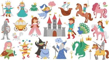 sprookjesfiguren collectie. grote vector set fantasie prinses, koning, koningin, heks, ridder, eenhoorn, draak. middeleeuws sprookjeskasteelpakket. cartoon magische pictogrammen met kikkerprins, zeemeermin.