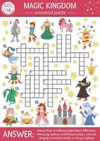 vector sprookjesachtige kruiswoordpuzzel voor kinderen. eenvoudige magische koninkrijksquiz met fantasiewezens voor kinderen. educatieve activiteit met ridder, kasteel, prinses, eenhoorn. sprookje kruiswoordraadsel