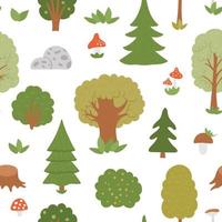 vector naadloos patroon met bomen, planten, struiken, struiken, paddestoelen. platte herfst bos herhalende achtergrond. schattig digitaal papier met bosplanten