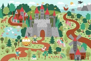 vectorillustratie sprookjesrijk. fantasie kasteel en karakters foto. schattige magische sprookjesachtergrond met paleis, zee, prins, prinses, bos. gedetailleerd middeleeuws dorpslandschap vector